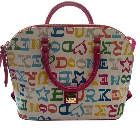 Dooney & Bourke Multicolor Logo Canvas Satchel With Pink Leather Trim & Dust Bag - Picture 3 of 16